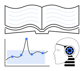 Open book data graph and AI head intertwined. Ideal for education, data analysis, AI technology, knowledge sharing, innovation, intelligence, and futuristic concepts. Line metaphor