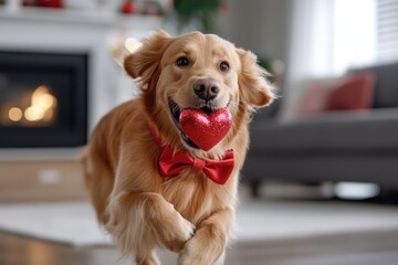 A golden retriever excitedly runs while carrying a plush heart toy, depicting happiness and vibrant energy, reflecting the joy pets bring into our lives during the holidays.
