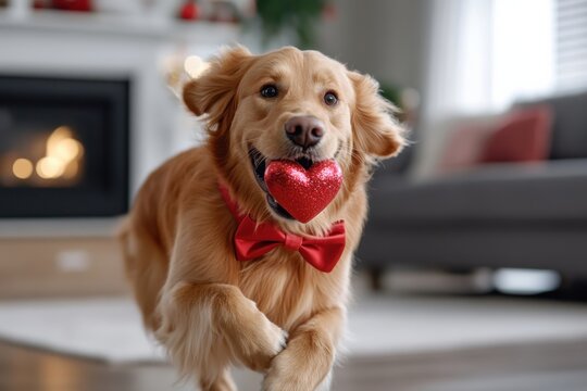 A golden retriever excitedly runs while carrying a plush heart toy, depicting happiness and vibrant energy, reflecting the joy pets bring into our lives during the holidays.