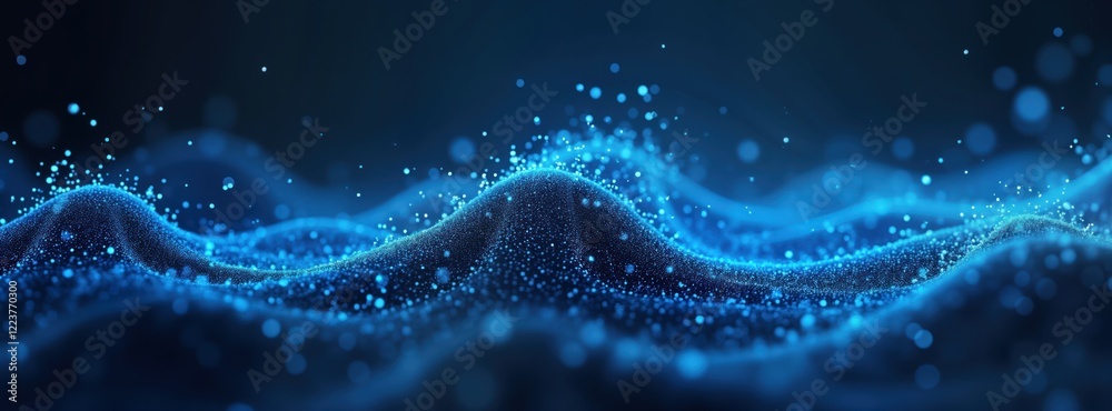 Fototapete Abstract dynamic blue wave particles background. Data tech style. 3d render pattern. Digital wave forms. Modern tech design. Illustrative dynamic tech backdrop. Big data illustration. Dynamic