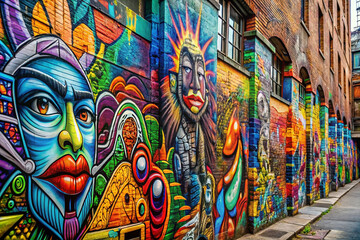 Obraz premium Vibrant mural art on a brick wall in a city alleyway.