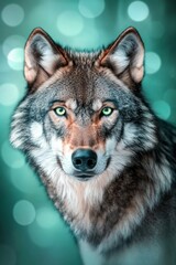 Majestic wolf with pale lime green eyes stands confidently in a mystical forest under mint green moonlight in a captivating landscape