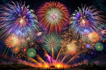 Vibrant fireworks display exploding in night sky.