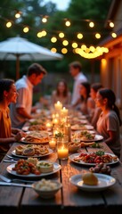 Family, friends gather around long wooden table outdoors for summer evening meal. Warm atmosphere created by candlelight, casual attire. Table laden with various dishes, suggesting relaxed, social