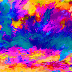 Vibrant Neon Impressionistic Lighthearted Sunset Sunrise Seascape w/3 Sailboats in Distance-Digital Painting, Art, Illustration in Neon Pink, Blue, Yellow, Orange & Teal