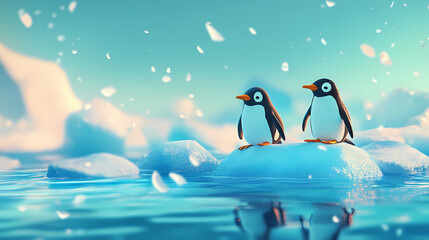 Fototapeta premium Playful penguins enjoying fun times on floating icebergs in a whimsical winter wonderland. generative ai. Winter Lagoon. Illustration