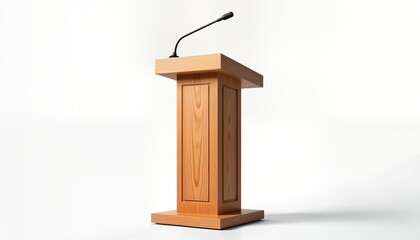 Wooden podium with microphone. Simple, elegant design. Suitable for presentations speeches lectures meetings. Classic style. Ideal for education business conferences. Neutral background allows focus