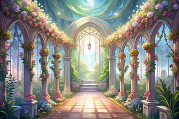 Sunlit rose garden pathway with arched columns and hanging lanterns.