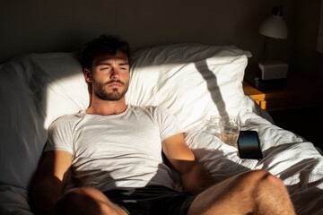 Fototapeta premium A calm man lounging on a bed, basking in soft sunlight, with a laid-back expression, capturing a moment of tranquility amidst a cozy and inviting room ambiance.