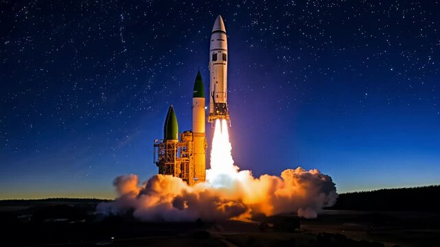 Moonlit zoom-out video of a space shuttle launching at night, a bright streak against a starry backdrop, the launch flame illuminates