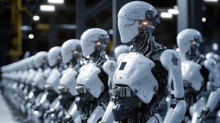 Fototapeta premium A row of advanced humanoid robots stands in a factory