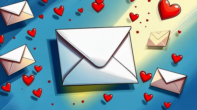 Animated envelopes and hearts burst with love on colorful background