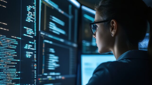 A close-up of a cybersecurity specialist monitoring network security in a high-security data center, with servers and encryption algorithms visible on screens, Cybersecurity monitoring scene