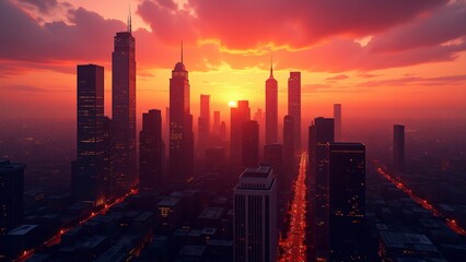 Fototapeta premium A city skyline at sunset with glowing orange and pink skies, towering skyscrapers silhouetted beautifully, and streetlights flickering on as day transitions to night.