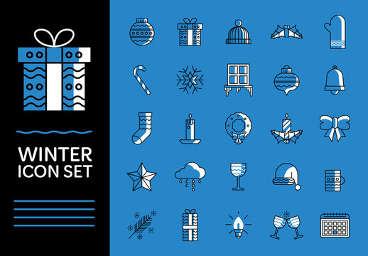 Blue and White Winter Holiday Christmas Icons Set