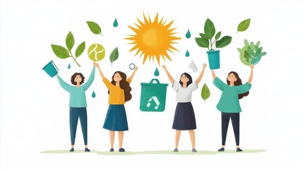 Renewable Energy and Nature Symbols with Diverse People, Environmental Care, Sustainability, and Green Technology