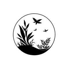 Fototapeta premium Elegant Black and White Botanical Illustration: Silhouettes of Plants and Butterflies in a Circle. Nature-inspired Design, Perfect for Print or Digital Use.
