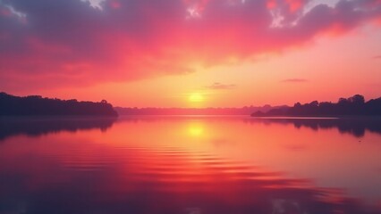 A tranquil lake at sunset with vivid orange and pink hues, perfectly mirrored in still waters, surrounded by serene trees and a peaceful horizon.