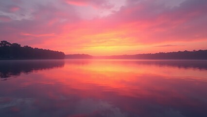 Obraz premium A tranquil lake at sunset with vivid orange and pink hues, perfectly mirrored in still waters, surrounded by serene trees and a peaceful horizon.