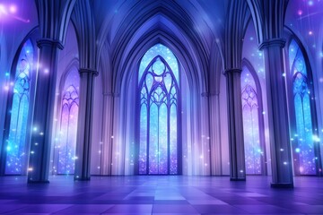 Fototapeta premium Gothic cathedral interior with deep black stone arches and rich plum stained glass windows casting soft lavender light at twilight