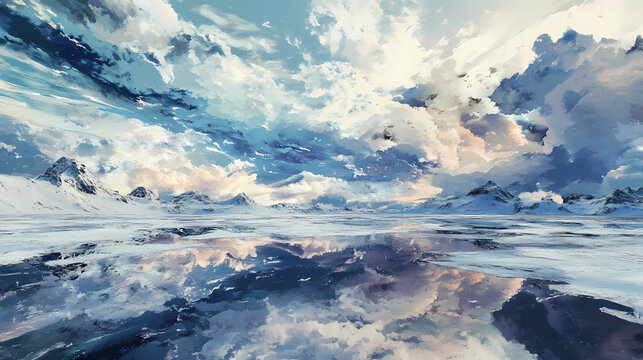 A surreal scene of asperitas clouds over a frozen tundra with the icy ground reflecting the sky. Winter Lagoon. Illustration