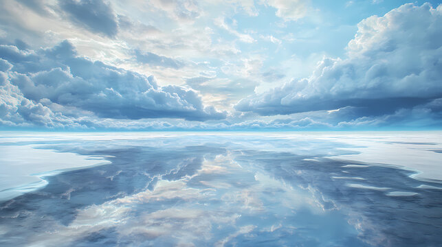 A surreal scene of asperitas clouds over a frozen tundra with the icy ground reflecting the sky. Winter Lagoon. Illustration