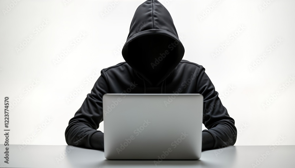 Poster person in dark hoodie uses laptop. person sits at desk. focus on digital crime. scene suggests cyber