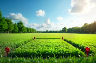 Vacant land plot marked with red markers in green field. Residential area for construction. Potential for housing subdivision. Land management concept. Investment opportunity. Rural scene. Real