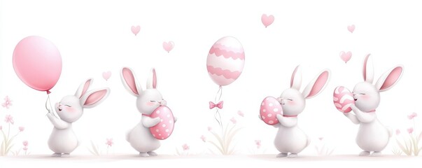 Cute Cartoon Rabbits Holding Easter Eggs and Balloons in Festive Holiday Illustration