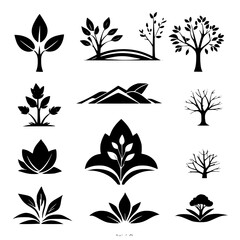 Collection of Black and White Plant Silhouettes: Botanical Icons and Nature Graphics