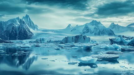 Beautiful glacier lagoon with icebergs and mountains. Winter Lagoon. Illustration