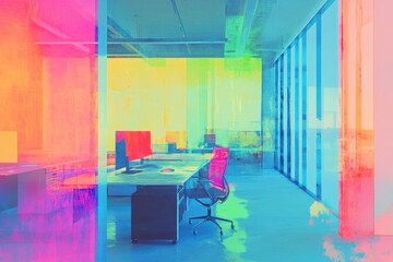 Vibrant office background in neon watercolor with high depth perception