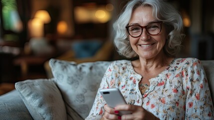 Cheerful adult woman using Internet technology at home, holding a mobile phone, sitting on a couch in the living room, smiling at the camera, and enjoying online communication