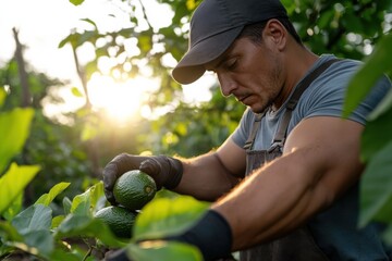 A dedicated gardener is seen carefully harvesting ripe avocados while the sun sets, illustrating hard work, dedication, and the beauty of nature in agriculture.