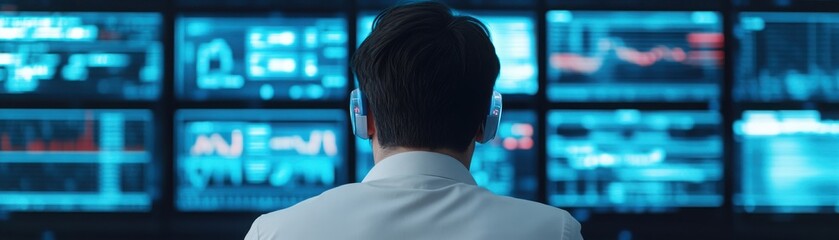 A focused analyst monitors multiple screens displaying dynamic digital data and analytics for informed decision-making.