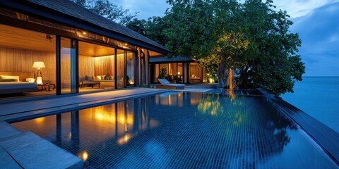 Obraz premium A luxurious villa illuminated at dusk, featuring large glass windows and an infinity pool