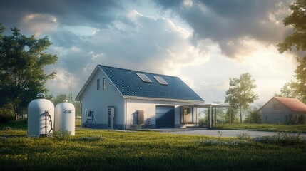 Obraz premium Modern eco friendly house with solar panels and gas tanks