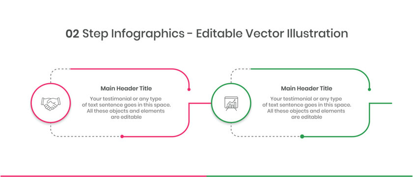 2 Steps Infographics Design Template - Graph, Pie chart, workflow layout, rectangle diagram, brochure, report, presentation, web design Editable Vector illustration