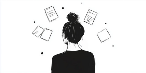Woman brainstorming with documents in minimalist black and white