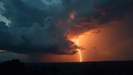 A dramatic stormy sky at dusk with golden and crimson highlights, towering clouds, and distant lightning bolts illuminating the scene.