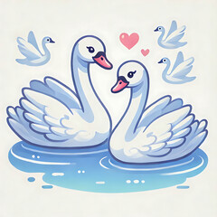 Mother swan with baby swans swimming in a pond. Vector cartoon illustration
