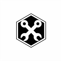 Wrench logo design with hexagonal frame.