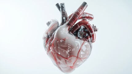 A surreal representation of a human heart intertwined with digital code, set against a white background, symbolizing the convergence of biology and technology