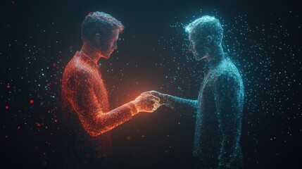 A futuristic handshake symbol between two holographic figures embodying the collaboration between fintech startups and traditional financial institutions to innovate services.