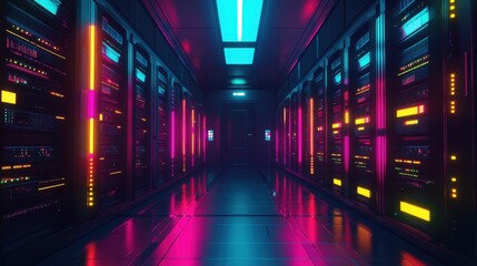 Fototapeta premium Neon Lit Server Room Corridor Modern Technology