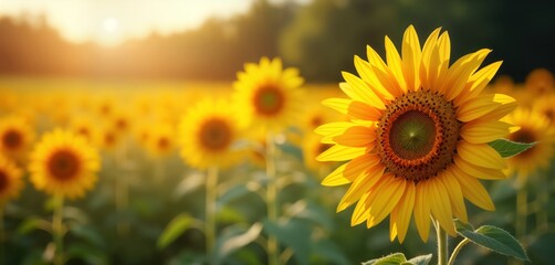 Fototapeta premium Stunning sunflower field at sunset. Close-up of vibrant yellow sunflower with blurred background of sunflowers. Warm golden light highlights flower. Beautiful summer nature scene. Perfect for