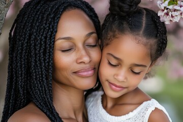 Obraz premium An intimate moment captured between a mother and her daughter, both eyes closed, radiating love and warmth amidst flowering trees, reflecting strong familial bonds.