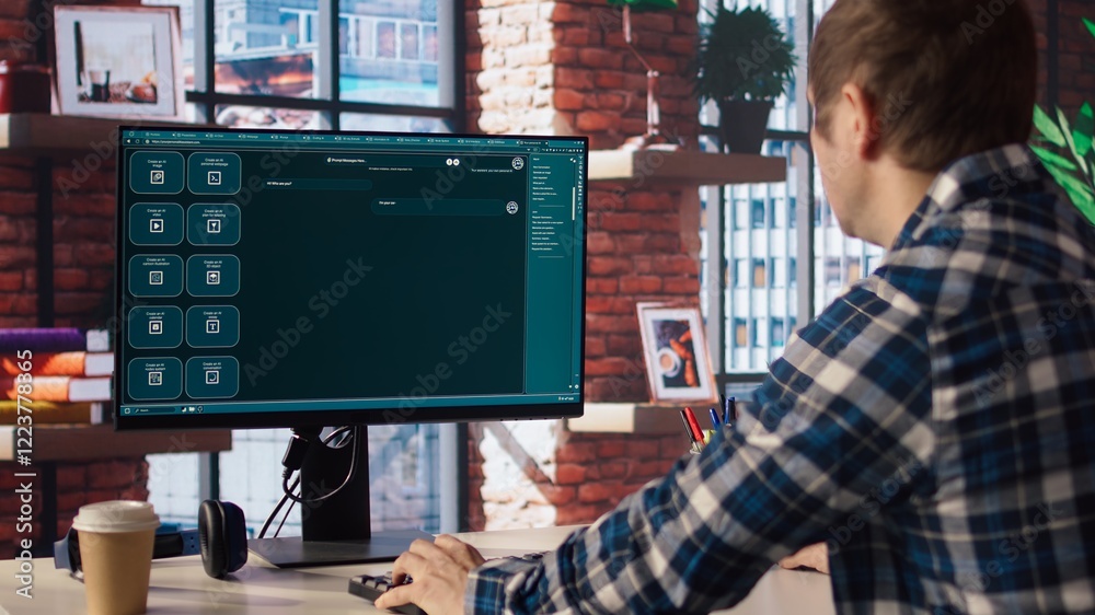 Fototapete Man solving personal tasks with AI LLM chatbot answering prompts using predictive technology. Person using computer in apartment to interact with large language model program, camera A