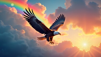 Obraz premium Majestic eagle soars through colorful rainbow in dramatic sky. Powerful symbol of freedom, wonder. Sunrise sunset light illuminates scene. Eagle flight evokes strength, high achievement. Beautiful