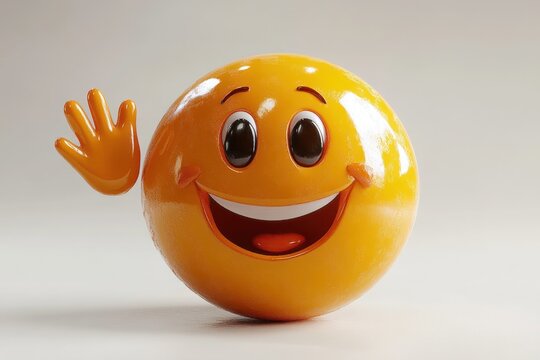 Cheerful animated smiley face with waving hand expressing joy, happiness, and playfulness in cartoon style - Powered by Adobe